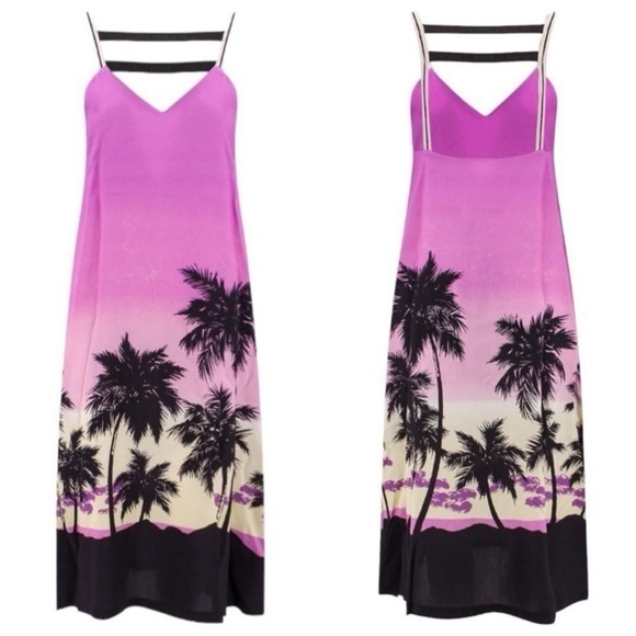 Palm Angels Pink Sunset Satin Slip On Palm Print Midi Slit Logo Dress Size 4 NEW - Picture 12 of 14
